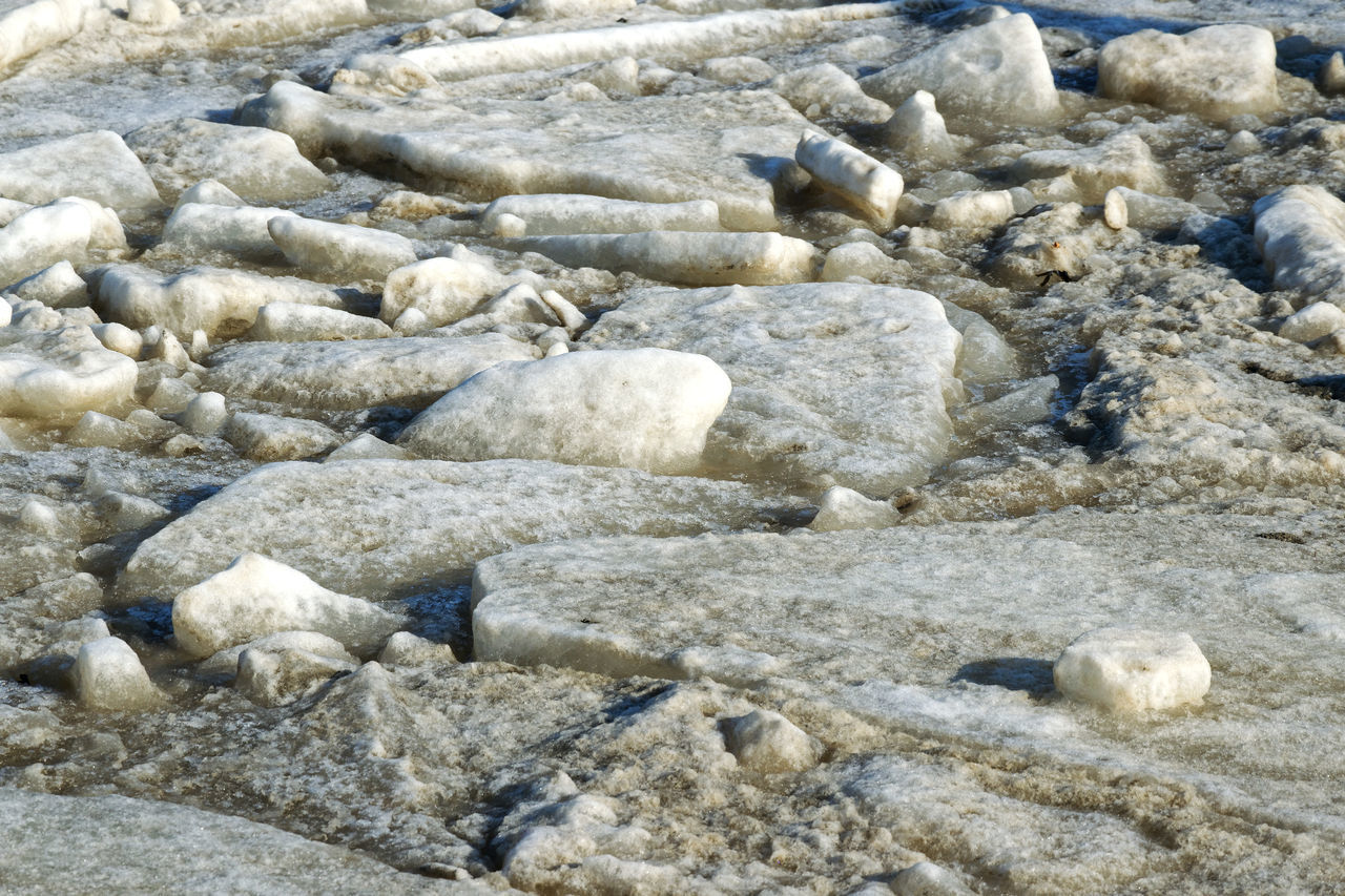 HIGH ANGLE VIEW OF STONES ON BEACH