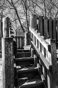 View of old staircase by bare tree