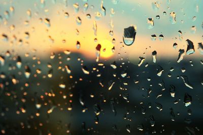 Close-up of waterdrops on glass against car window