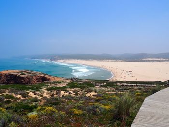 Scenic view of sea against clear blue sky