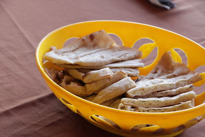 High angle view of food in bowl on table