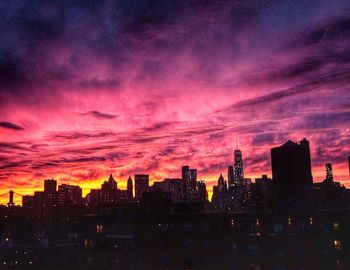 Cityscape against cloudy sky at sunset