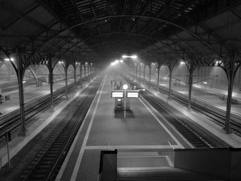 High angle view of illuminated railroad station during misty weather