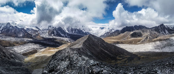 Panoramic view of snowcapped mountains against sky