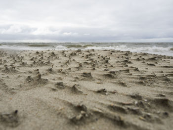 Surface level of sandy beach against sky