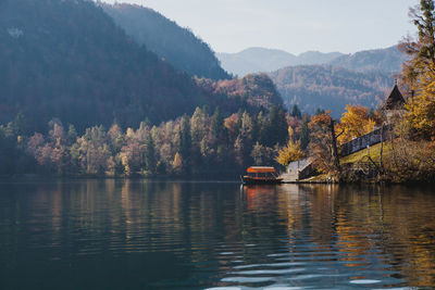 Scenic view of lake and mountains against sky