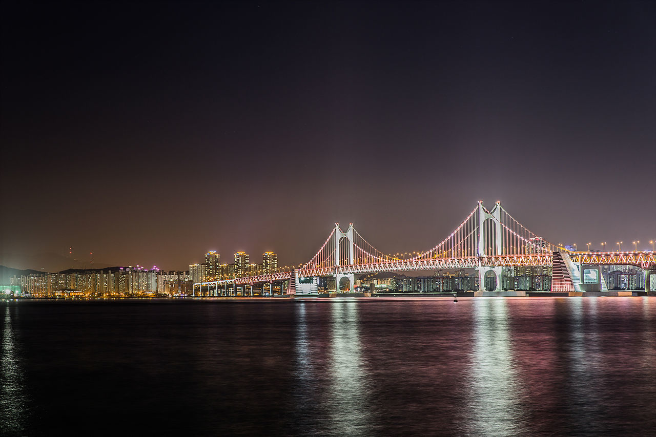 illuminated, architecture, built structure, night, waterfront, water, bridge - man made structure, connection, river, copy space, engineering, transportation, clear sky, city, building exterior, bridge, travel destinations, sky, travel, famous place