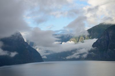 Scenic view of sea and mountains against sky