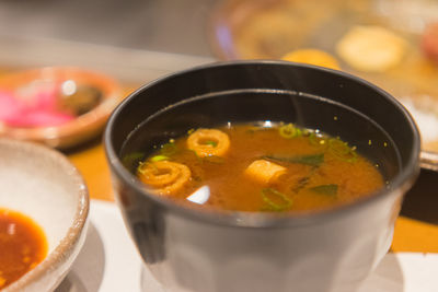 High angle view of soup in bowl on table