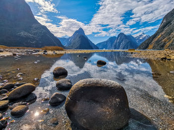 Scenic view of lake and mountains against sky