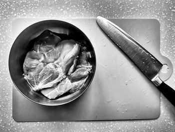 High angle view of ice cream in bowl on table