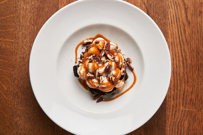 High angle view of dessert in plate on table