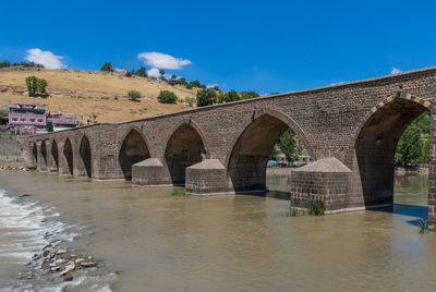 Arch bridge over river against blue sky