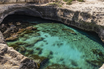 High angle view of rock formation in sea