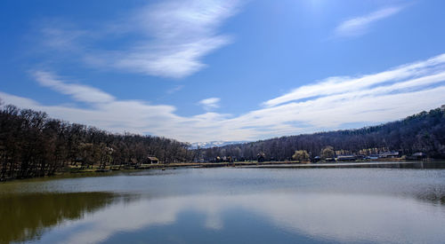 Scenic view of lake by trees against sky