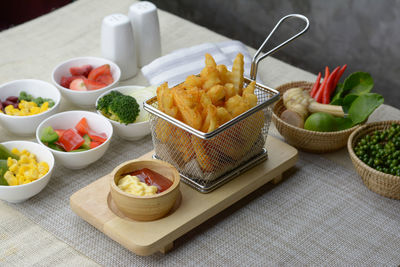 Close-up of breakfast served on table