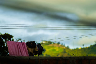 Low angle view of clothes hanging on clothesline against building