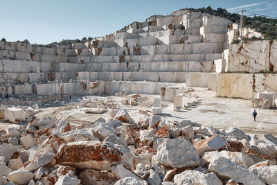 Marble quarry. ledges of excavated marble stone material at mediterranean region of mersin, turkey