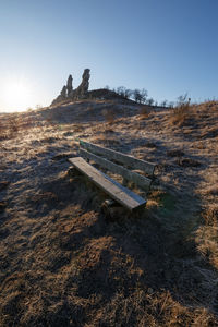 Driftwood on field against clear sky