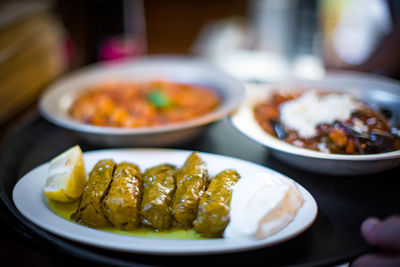 Close-up of food served on table