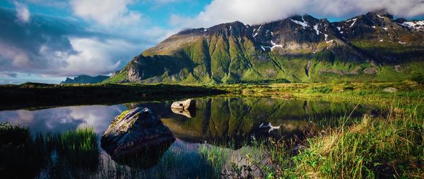 Scenic view of lake and mountains against sky