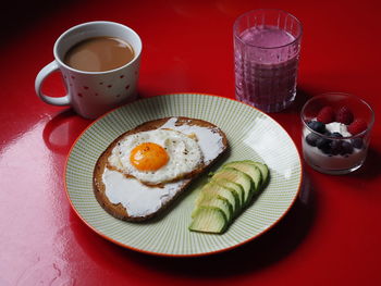 High angle view of breakfast served on table