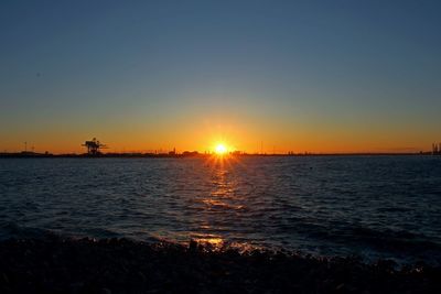 Scenic view of sea against clear sky during sunset