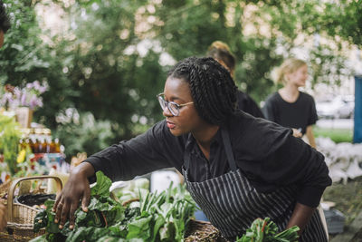 Female vendor examining vegetables at stall in organic market