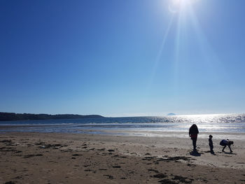 People on beach against clear sky