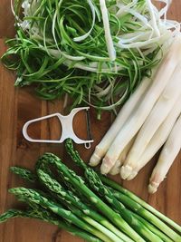 High angle view of vegetables in plate on table