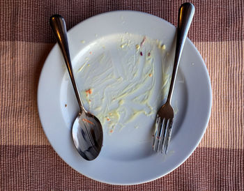 High angle view of dessert in plate on table