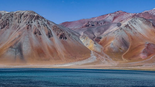 Scenic view of sea and mountains against sky
