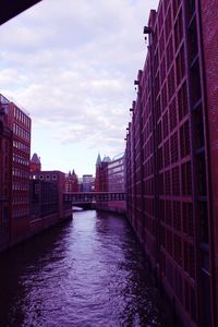 Bridge over river with buildings in background