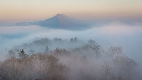 Scenic view of trees in fog against pountain peak and sky during sunset