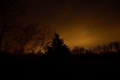 Silhouette trees on landscape against sky at sunset