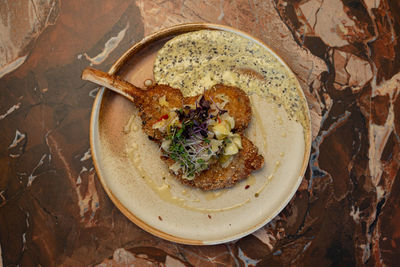 High angle view of food in bowl on table