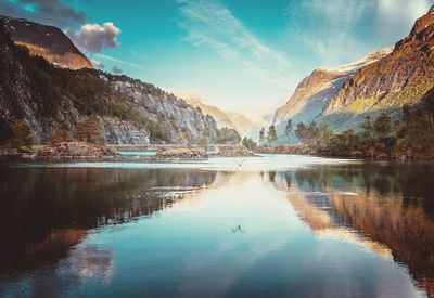 Scenic view of lake and mountains against sky