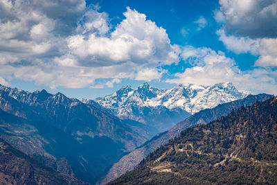 Himalaya mountain valley with bright blue sky at day from hilltop