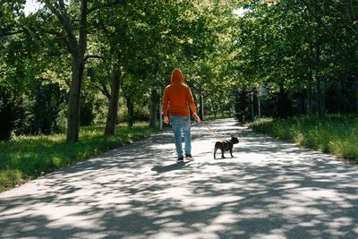 Rear view of man and dog walking in park