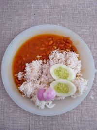 High angle view of food in bowl on table