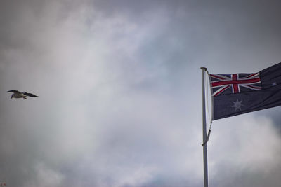 Low angle view of flag flying against sky