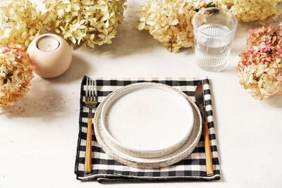 High angle view of breakfast on table
