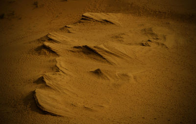 High angle view of footprints on sand at beach