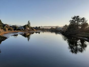 Scenic view of lake against clear blue sky