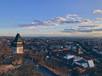 High angle view of townscape against sky in city