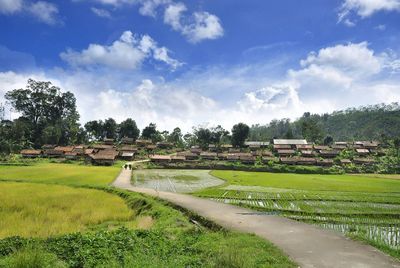 Scenic view of grassy field against cloudy sky