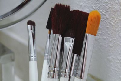 Close-up of make-up brushes at home