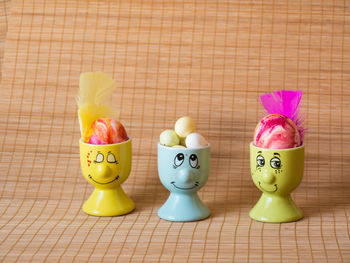 Close-up of easter eggs on wooden table