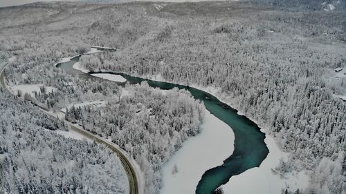 High angle view of snow covered land