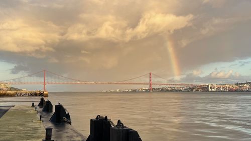 Suspension bridge over sea against cloudy sky